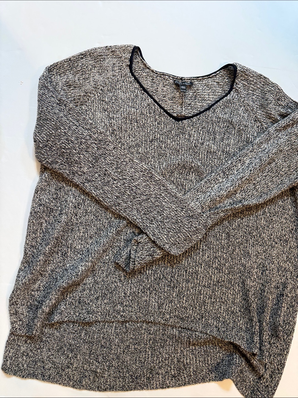 Eileen Fisher Black and White Marled V-Neck Sweater